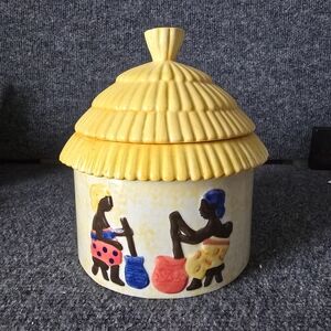 Collectable Vintage Ceramic “Thatch Roof Village Women” Yellow Cookie Jar